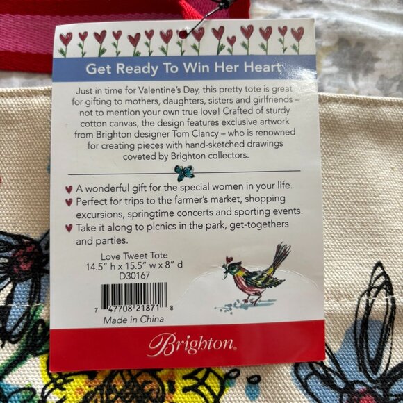 Brighton Beige Cream Pink Red Striped Birds Love Tweet Tote Bag Limited Edition - Picture 10 of 10
